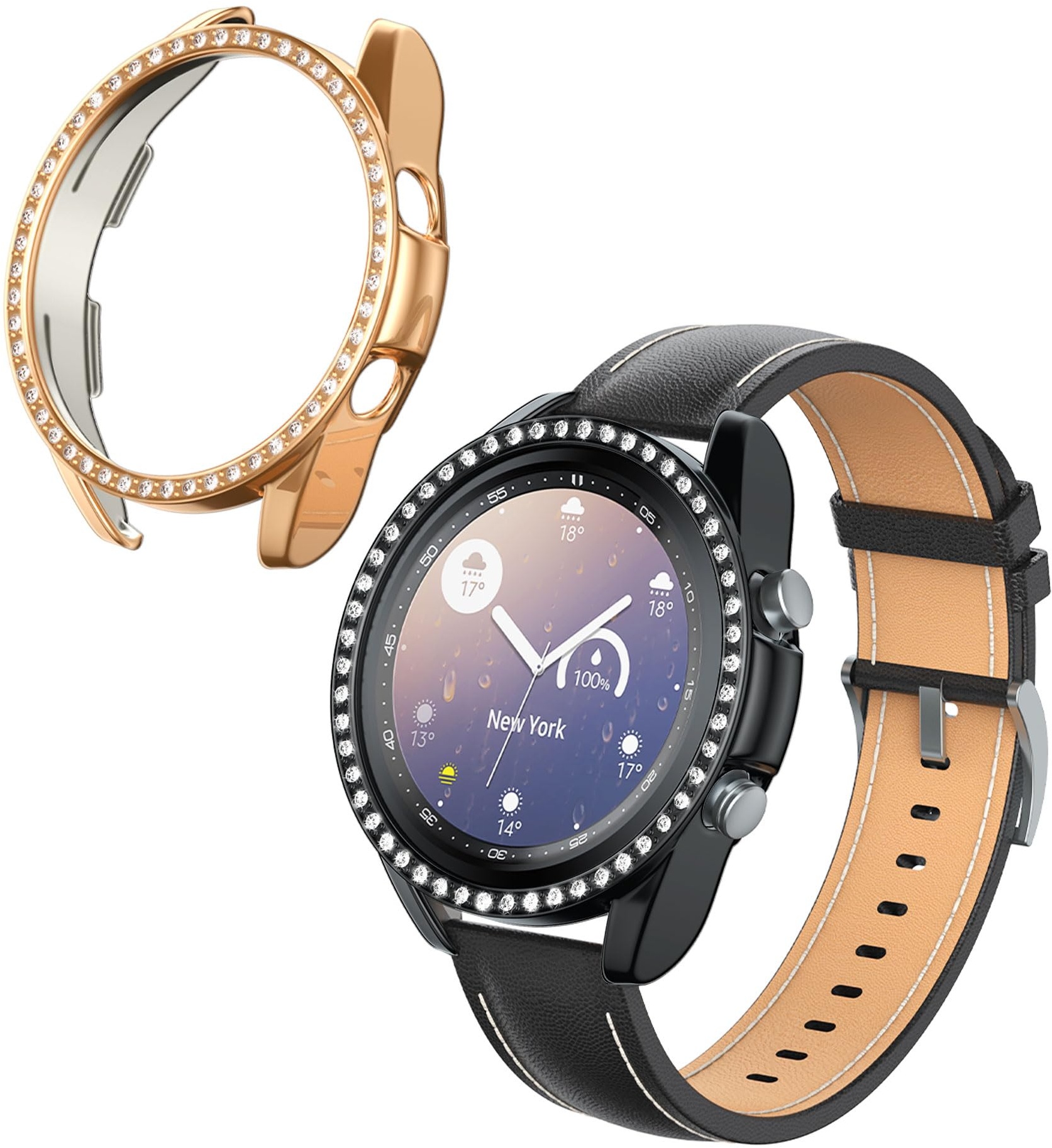 kwmobile 2X Kunststoff Hülle kompatibel mit Samsung Galaxy Watch 3 (41mm) Schutzrahmen - Glitzer Schutzhülle in Schwarz Rosegold