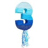 BLUE PANDA Piñata Nummer 3 – Zugschnur Pinata für Jungen zum 3. Geburtstag, Party-Dekoration, Ombré-Blau (41,5 x 29,5 x 7,6 cm)