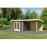 Karibu Gartenhaus Radeburg 1 inkl. 3,30m Schleppdach und Rückwand - 40mm-309 x 309 cm- terragrau mit Anbaudach 3,3 m (B x T)