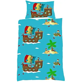 JACK by Fleuresse Kinder Biber Baby Bettwäsche 2 TLG. 100x135cm Pirat Schiff Abenteuer Blau Bunt Reißverschluss
