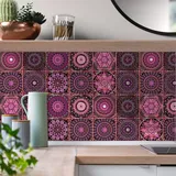 Fliesenaufkleber 15x15cm Lila Pink Mandala Klebefliesen Selbstklebende Fliesenaufkleber Bad Wasserfest Fliesenaufkleber Küche Schrank Möbel Deko Mosaikfliesen Fliesenfolie (10 Stück)