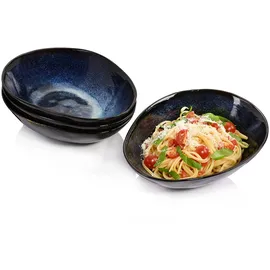 sänger | Pastateller Tokio 4 tlg, Spaghetti Teller 4 Personen, Steingut Geschirr Set Pasta, Nudelteller Spülmaschinenfest, Pastaschale Blau-Schwarz mit Braunen Akzenten 1,2L | PREMIUM COLLECTION