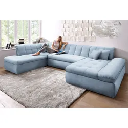 Wohnlandschaft DOMO COLLECTION "Moric Luxus incl. Zierkissen", blau (pastelblau), B:353cm H:80cm T:216cm, Chenille (85% Polyester, 15% Acryl), Sofas, U-Form, bis 140kg pro Sitzplatz belastbar, XXL B/T/H: 353/216/80 cm
