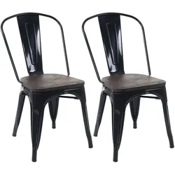 2er-Set Stuhl MCW-A73 inkl. Holz-Sitzfläche, Bistrostuhl Stapelstuhl, Metall Industriedesign stapelbar ~ schwarz
