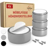 LouMaxx Möbelfüße höhenverstellbar– Füße für Möbel Ø 53,5 mm aus Kunststoff – Hochwertige Möbelerhöhung zum Kleben oder Schrauben – 4er Set Gleitfüße in Silber inkl. Montagematerial