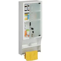 Relaxdays Medizinschrank, Glastür, abschließbar, 4 Fächer, HBT 65x27x12 cm, für Medikamente, Arzneischrank hängend, weiß