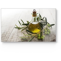 DEQORI Schneidebrett ‚Olivenöl mit Olivenzweig‘, Glas, Platte Frühstücksbrett Schneideplatte braun|grün 23 cm x 14 cm