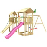 Jungle Gym Spielturm JUNGLE GYM "Nova", pink (fuchsia), Spieltürme, KinderB:524cm H:280cm T:350cm, Holz, Spielanlage mit 2 Türmen, Schaukel und Rutsche mit Wasseranschluss, B:524cm H:280cm T:350cm