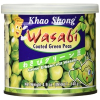Khao Shong Geröstete grüne Erbsen mit Wasabi, knackige Erbsen im scharfen Teigmantel, fettärmere Alternative zu Nüssen, mittlere Schärfe, 12 x 140 g Dose