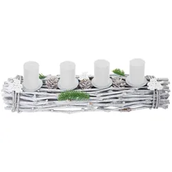 Mendler Adventskranz länglich, Weihnachtsdeko Adventsgesteck, Holz 60x16x9cm weiß-grau ~ mit Kerzen, weiß