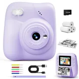CAMCLID Kinderkamera Sofortbildkamera, 1080P Sofortbildkamera Kinder mit 32GB Karte & 3 Rollen Druckpapier, 48MP Digitalkamera Kinder Kamera, Geschenk für Jungen und Mädchen 3-12 Jahre (Lila)