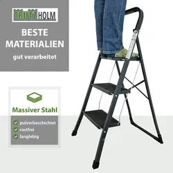 Baumarktplus Trittleiter 3-stufig klappbar TÜV/GS 150 kg Anti-Rutsch Trittflächen Klapptritt Leiter in Anthrazit