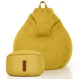 Green Bean 2er Set Indoor XXL Sitzsack "Home Linen" + Hocker mit EPS-Perlen Füllung - Sitz-pouf Sitzkissen Sitzhocker Bean Bag Gelb