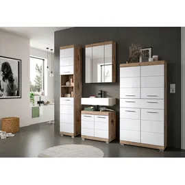 xonox.home Waschbeckenunterschrank Wave Weiß Hochglanz/Nox Oak 56 cm x 60 cm x 34 cm