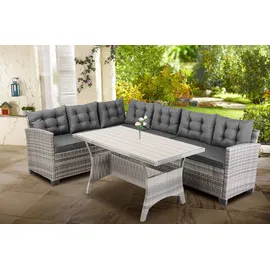 CASARIA CASARIA® Polyrattan Ecklounge Set WPC Esstisch Ecksofa inkl. 7 cm Sitzauflagen 15 cm Kissen Wetterfest Outdoor Lounge Garten Terrasse Balkon Möbel