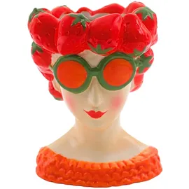 Dekohelden24 XL Dekovase, Vasenkopf, Frauenvase, Vase als Frau mit Erdbeerkopfschmuck, Blumenvase als Erdbeermädchen, Keramikvase Erdbeere, Vase Frau mit Erdbeere Dekor aus Keramik in bunt, L/B/H 12 x 13 x 18 cm.