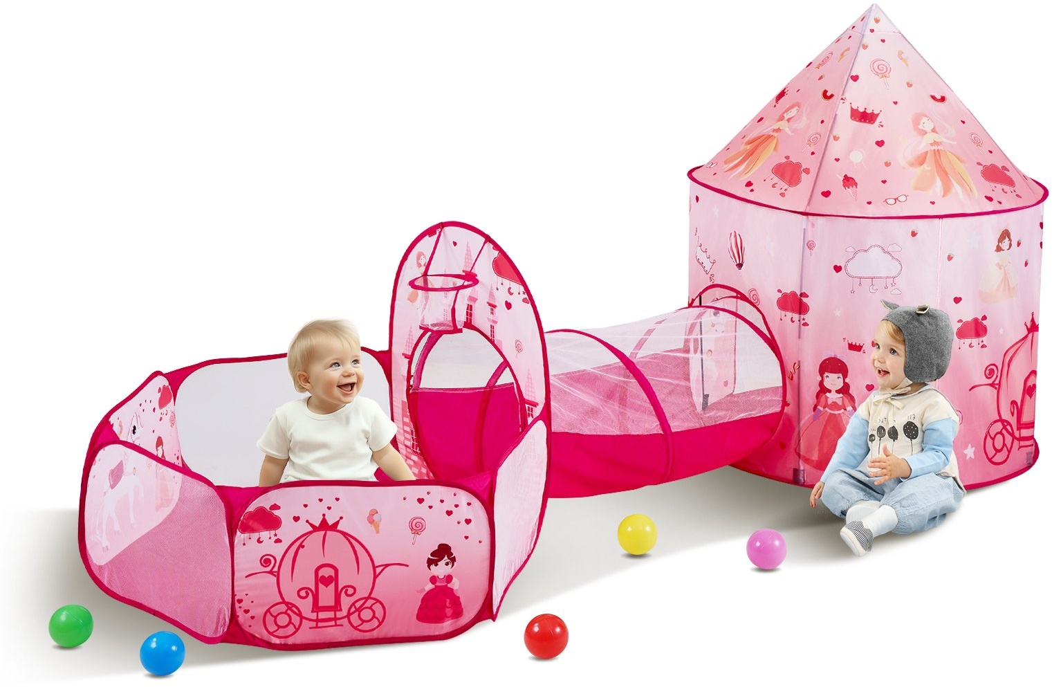 VEVOR 3-in-1-Spielzelt mit Tunnel für Mädchen, Prinzen, Jungen, Babys und Kleinkinder, Pop-Up-Spielhaus für drinnen und draußen mit Tragetasche und Spanngurten als Geburtstagsgeschenk, Farbe Magenta