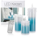 LED Universum Acryl Glitzer Kerze Blau 3er Set "Liza" Deko Timer Fernbedienung