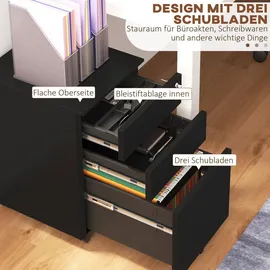 Vinsetto Rollcontainer Aktenschrank mit 3 Schubladen, Büroschrank mit Schloss, Druckschrank, Unterschrank mit Hängeregistratur, Bürocontainer im A4-Format, Stahl, 37 x 43,5 x 60 cm, Schwarz