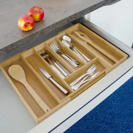 Relaxdays Besteckkasten, ausziehbar, 5 bis 7 Fächer, Schubladen Ordnungssystem, Bambus & MDF, Besteck Organizer, natur