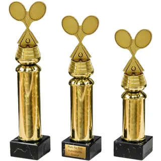 eberin – Tennis Pokal Award – 2 goldene Tennisschläger – Pokal in 3 Größen – Goldsäule Marmor – Tennissport Trophäe mit Gravur, für Turnier und Events