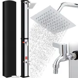 Solardusche, Solar Gartendusche 35 Liter inkl. 360° Duschkopf, Wasserhahn, Gartenschlauch-Anschluss & Schutzhaube, Pooldusche Camping, warmes Wasser, bis 60°C, ohne Stromanschluss, Silber-Schwarz