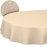 Stoff Tischdecke Textil Tischwäsche Tischtuch Baumwolle Polyester abwaschbar Uni Ornament Damast Jacquard Gewebe waschbar Beige Oval 200x140cm mit Saum (Eingefasst)