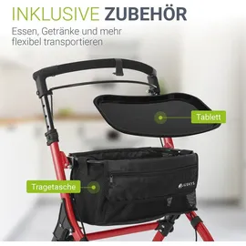 Juskys Aluminium Wohnungsrollator Aktiv mit Tasche und Tablett schmal faltbar rot