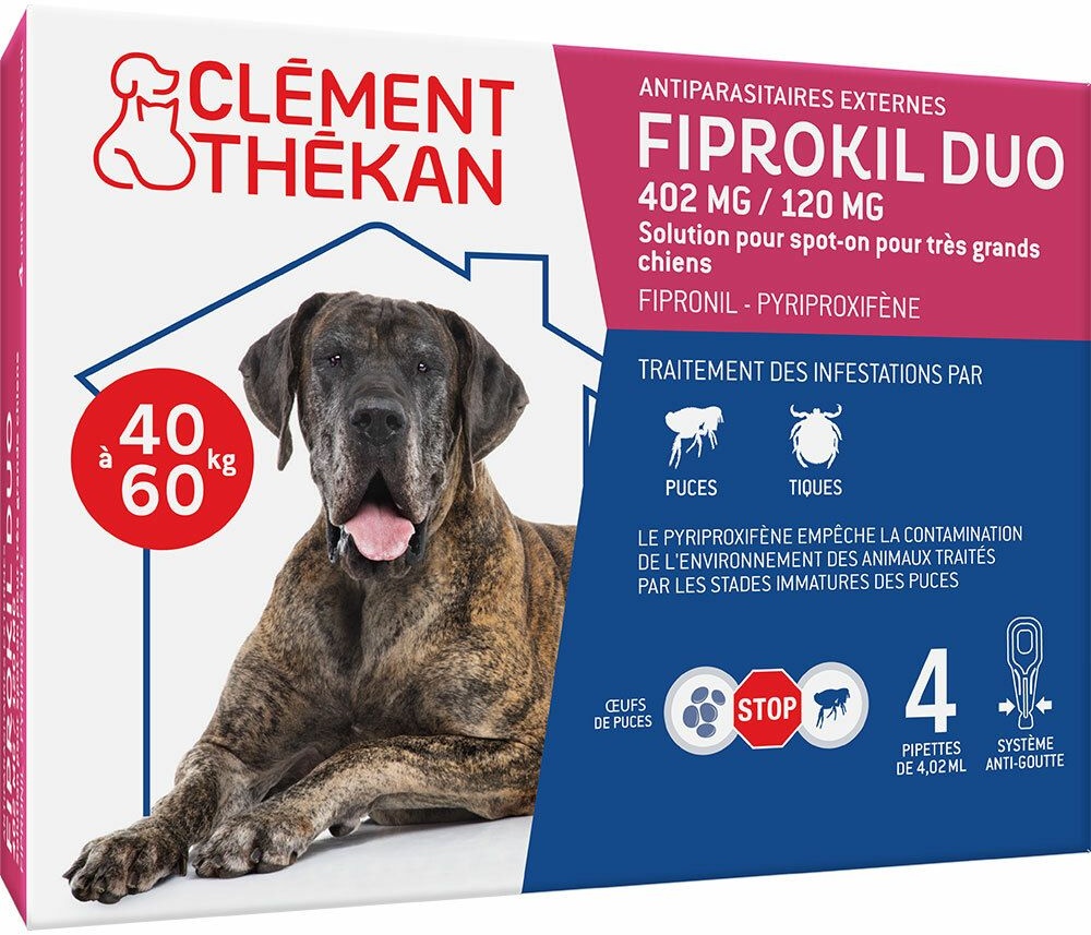 Clement Thekan Anti-Puces Anti-Tiques Chien 40-60kg 4 Pipettes 16 ml pipette(s) unidose(s)