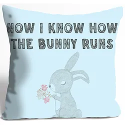 Dekokissen QUEENCE "NOW I KNOW HOW THE BUNNY RUNS", blau (hellblau, bedruckt), B:40cm L:40cm, Polyester, Dekokissen_Sitzkissen_Kissenhüllen, Kissenhülle ohne Füllung, 1 Stück