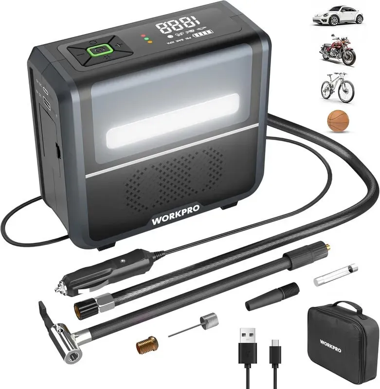 WORKPRO kabellose elektrische 3-in-1-Luftpumpe mit LED-Licht, Powerbank, Akku-Kompressor mit Display und automatischer Abschaltung, für Auto, Fahrrad, Motorrad, Bälle - USB- und 12V-Ladefunktion