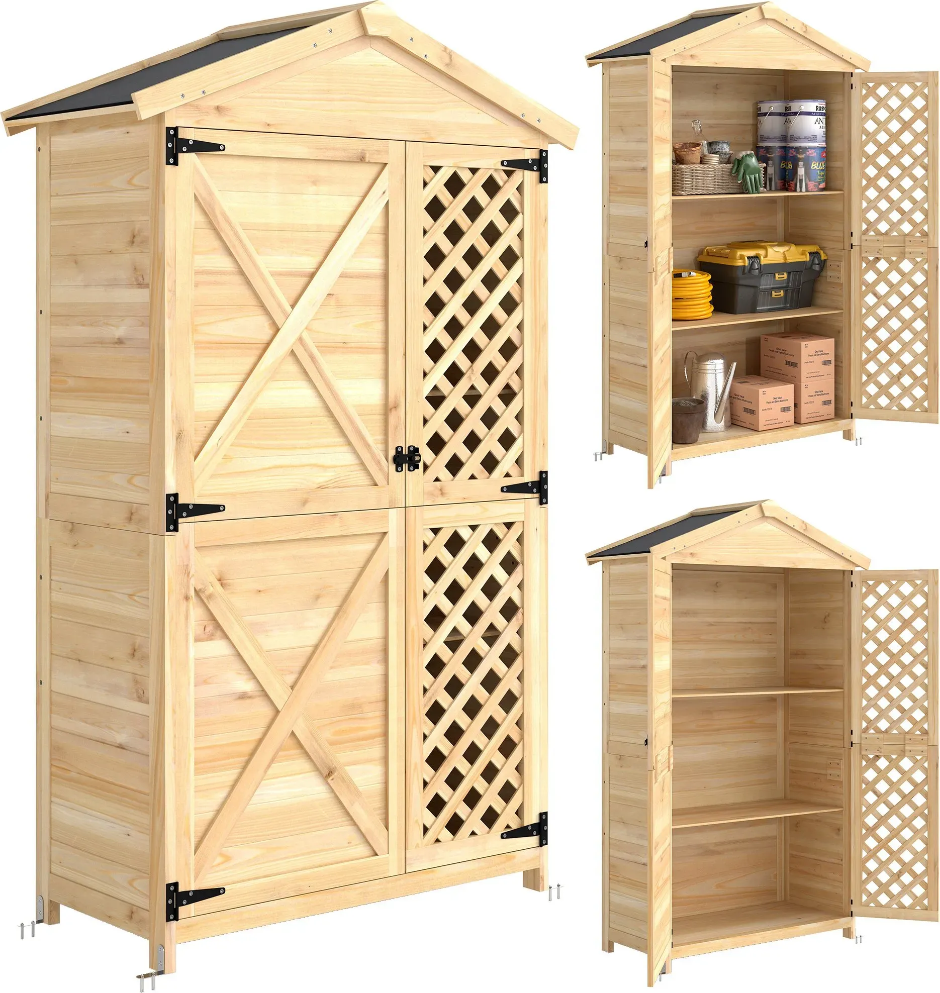 Outsunny Gartenschrank aus Fichtenholz mit Umkippschutz-Kit, Außengerätehaus mit belüfteten Türen, abnehmbare Regale, geneigtes Asphaltdach, 101,5x49x176 cm, Holzfarbe   Aosom