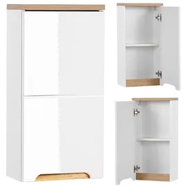 Lomadox Badezimmer Hängeschrank Hochglanz weiß mit Wotaneiche, 1 Tür, 1 EInlegeboden, B/H/T: 35/70/20cm
