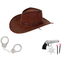 Alsino Cowboy Kostüm Accessoires für Damen & Herren (Kv-68) mit Cowboyhut braun Western Pistole Revolver Sheriffstern Set