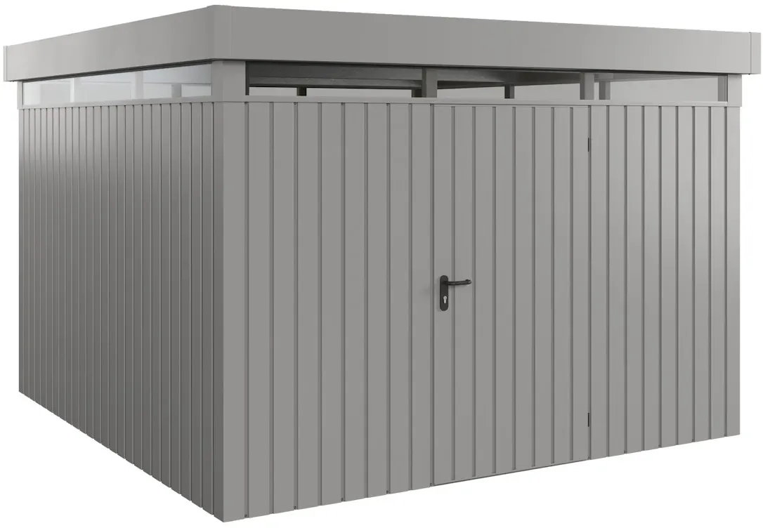 Hörmann Metall-Gerätehaus EcoStar EuroLine EFD mit Flachdach B 310 x T 310 cm (EFD 14) mit Lichtband, Motiv Modern (mit schmalen Lamellen), Einzeltür Türanschlag rechts, Graualuminium (RAL 9007)