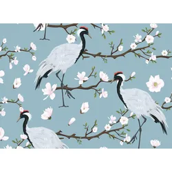 Fototapete LIVING WALLS "Designwalls Japanese Cranes", bunt (blau, grau, rosa), B:3,5m L:2,55m, Vlies, Tapeten, Vlies, Wand, Schräge, Decke