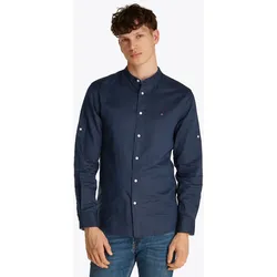 Langarmhemd TOMMY HILFIGER "LINEN BLEND MAO COLLAR SHIRT", Herren, Gr. XXXL, N-Gr, blau (carbon navy), Web, Obermaterial: 57% Baumwolle, 43% Leinen, casual, Langarm Manschette, Hemden