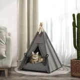 Tipi Zelt Für Haustiere, Katzenzelt Mit Abnehmbar Und Waschbar Kissen, Katzenhaus Mit Rutschfestem Boden, Spielball, Für Katzen Unter 5kg, Mini Hunde, 60 X 60 X 76 Cm, Grau