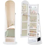 SONGMICS Schmuckschrank, 360° drehbar, Schmuckaufbewahrung, mit LED-Beleuchtung, Ganzkörperspiegel, Schublade, Innenspiegel, Vergrößerungsspiegel, Haken, Ablagen, wolkenweiß JJC030WB01
