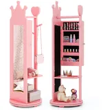 DREAMADE 360° Drehbarer Kinderspiegel, Schmuckschrank aus Holz, 3-in-1 Freistehender Standspiegel Mit Schmuckschrank, Kleiderständer & Ablage für Kinder Ab 3 für Kinderzimmer (Rosa)