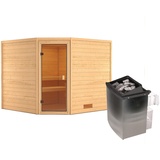 KARIBU Sauna Leona Eckeinstieg, 9 kW Saunaofen mit integrierter Steuerung, für 4 Personen - beige