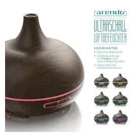 Arendo Luftbefeuchter, Aroma Diffuser in Holz Design mit LED, Diffusor, Timer Funktion, 7-Farben Wechsel, 300ml, Dunkelbraun