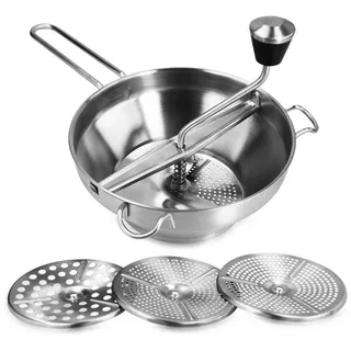 Navaris Passiergerät aus Edelstahl mit 3x Siebeinsatz - Passiermühle für Suppe Marmelade Baby Brei Saucen - 3 Stück Sieb Einsätze - Mühle Presse