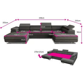 Sofnet Wohnlandschaft Caris U mit Schlaffunktion und einstellbare Kopfstützen, Ecksofa mit zwei Bettkästen, Couch, Sofa, Bettsofa (Graphit (Kronos 22), Ecksofa Links)