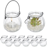 Relaxdays Windlicht Glas, 12er Set, Teelichthalter mit Henkel, H x D: 7,5 x 8 cm, rundes Kerzenglas, transparent