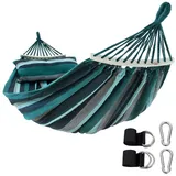 your GEAR yourGEAR Bali XL Hängematte mit Kissen - 240 kg TÜV geprüft, 240x120 cm, Smaragd oder Aqua, Baumwoll-Stabhängematte, inkl. Befestigungsset
