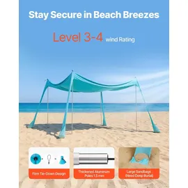 Vevor Strandzelt mit Sonnenschutz (UPF 50+) 3 x 3 x 2 m, Strandmuschel mit Sandsäcken & Stützstangen & Sandschaufeln, Tragbares Sonnensegel für Familienausflüge Camping Angeln Grün