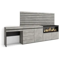 SKRAUT HOME Frisiertisch, Schminktisch, Ablage, 284x35x145 cm, Mit Schublade, Elektrokamin XXL, Kommode, Dekorplatten, Zementgrau - 454_64