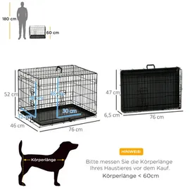 PawHut Transportkäfig Drahtkäfig mit Gitter Hundebox Transportbox Kleintierkäfig Reisebox zusammenklappbar Metall Schwarz 76 x x cm - schwarz