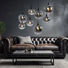 GLOBO Pendellampe Hängeleuchte Wohnzimmer Pendelleuchte Wohnzimmer Esstischleuchte rauch Glasschirm, Metall schwarz, Fassungen 8x E27, Lxbxh 105x45x120 cm